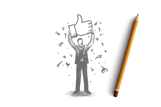Network communication concept. Hand drawn thumbs up sign as symbol of like. Networking symbol isolated vector illustration.