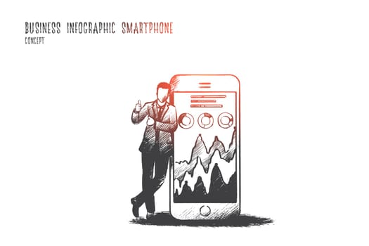 Business infographic smartphone concept. Hand drawn smartphone screen with schedule. Businessman makes a report on a smartphone isolated vector illustration.