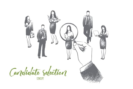 Candidate selection concept. Hand drawn huge hand pointing at one of candidates for job. Concept of recruiting isolated vector illustration.