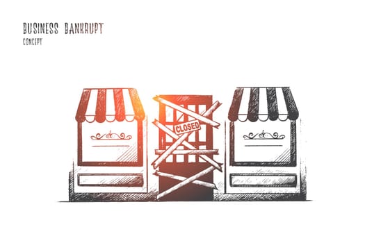 Business bankrupt concept. Hand drawn closed sign hanging in a shop window. Troubles in business isolated vector illustration.