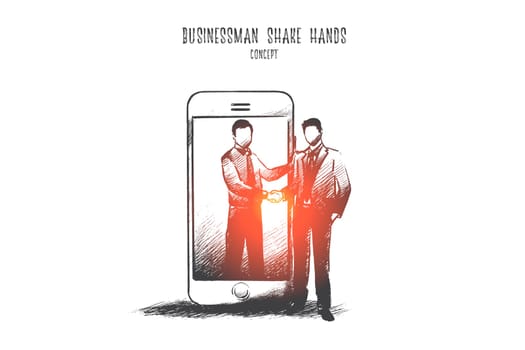 Businessman shaking hands concept. Hand drawn partners shaking hands. Men in formal dress greeting each other isolated vector illustration.