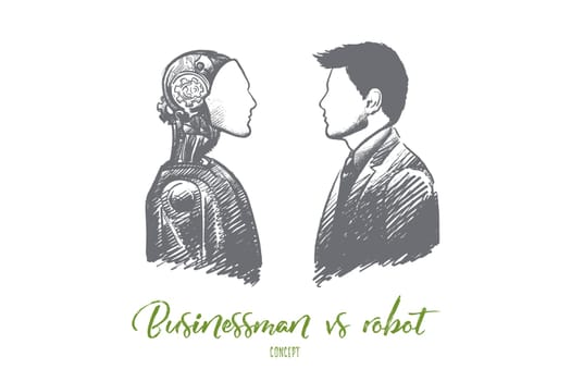 Businessman vs robot concept. Hand drawn modern technologies replace real persons. Robotics industry isolated vector illustration.