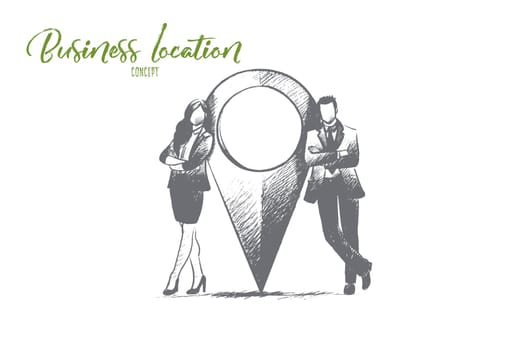 Business location concept. Hand drawn man and woman near location point. Marker of place isolated vector illustration.