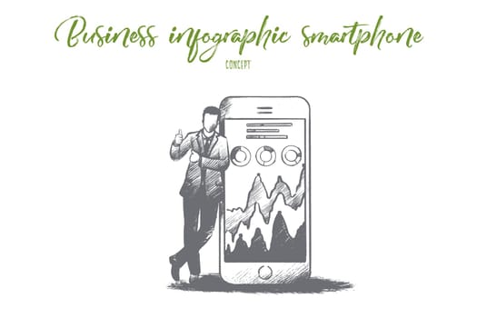 Business infographic smartphone concept. Hand drawn smartphone screen with schedule. Businessman makes a report on a smartphone isolated vector illustration.