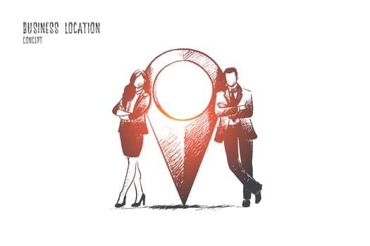 Business location concept. Hand drawn man and woman near location point. Marker of place isolated vector illustration.