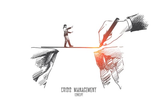 Crisis management concept. Hand drawn businessman is walking on a rope, symbol of crisis time in bussiness. Risking and making careful steps isolated vector illustration.