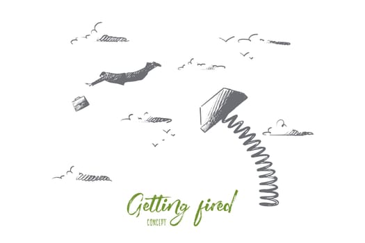 Getting fired concept. Hand drawn upset office worker is fired. Finish of career isolated vector illustration.