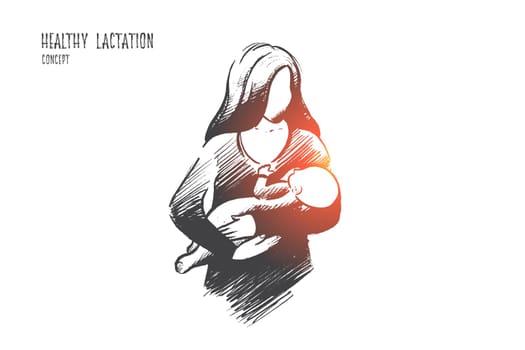 Healthy lactation concept. Hand drawn mother breastfeeding baby. Baby eating mother's milk isolated vector illustration.