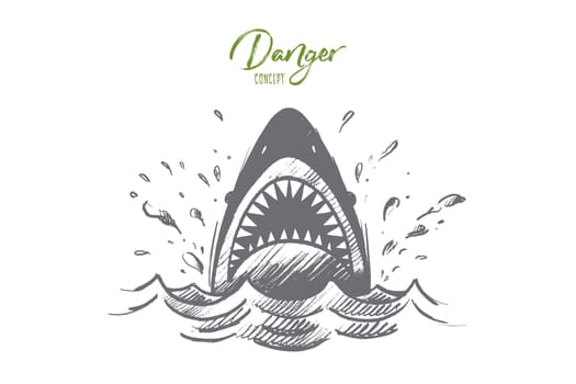 Danger concept. Hand drawn mouth of a shark like symbol of danger. Sea predator isolated vector illustration.