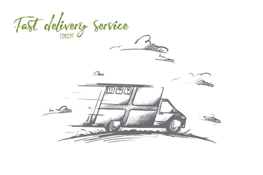 Fast delivery service concept. Hand drawn delivery by car. Courier delivery service isolated vector illustration.