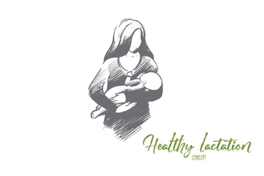 Healthy lactation concept. Hand drawn mother breastfeeding baby. Baby eating mother's milk isolated vector illustration.