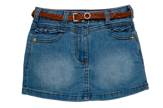 Jeans skirt. Close-up of sexy short blue jeans skirt with a elegant brown leather belt isolated on a white background. Denim fashion for girls.
