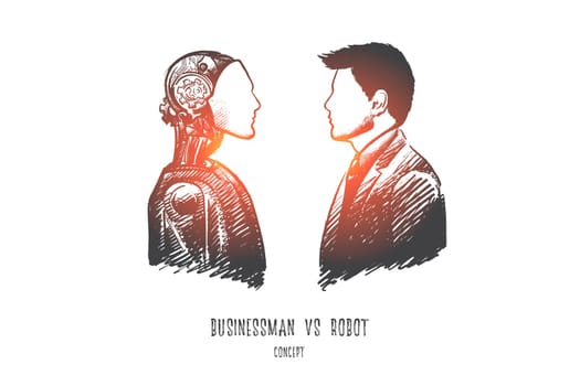 Businessman vs robot concept. Hand drawn modern technologies replace real persons. Robotics industry isolated vector illustration.