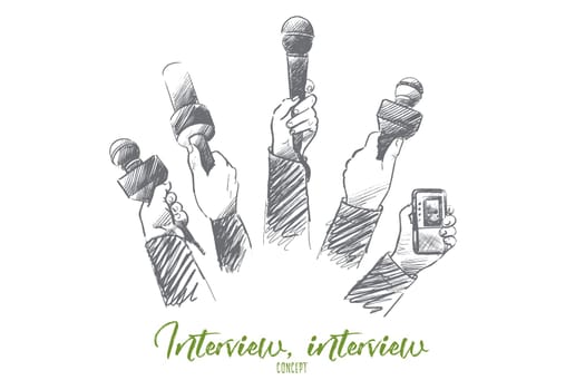 Interview concept. Hand drawn mother hands of reporters with a lot of microphones. Journalism and broadcasting concept isolated vector illustration.
