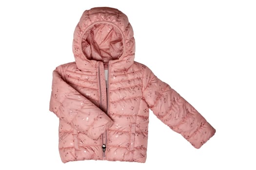 Winter jacket isolated. Stylish pink cosy warm winter down jacket for kids isolated on a white background. Fashionable clothing for children for spring and autumn.