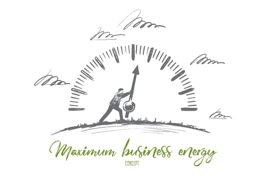 Maximum business energy concept. Hand drawn person makes the most of the effort. Businessman working hard isolated vector illustration.