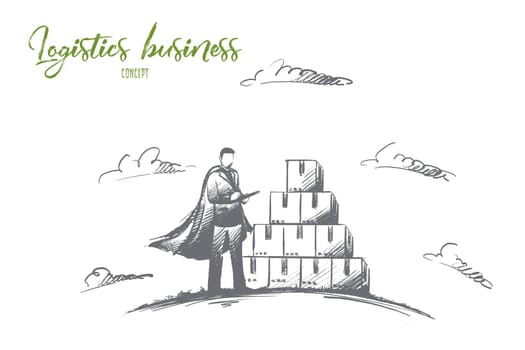 Logistics business concept. Hand drawn worker in warehouse checking boxes with logistics. Super hero manager worker isolated vector illustration.