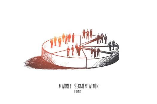 Market segmentation concept. Hand drawn illustration of a pie chart. Sectors with different people isolated vector illustration.