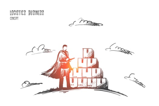 Logistics business concept. Hand drawn worker in warehouse checking boxes with logistics. Super hero manager worker isolated vector illustration.