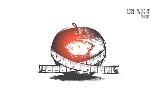 Lose weight concept. Hand drawn apple with scales and centimeter. Diet food and healthy concept isolated vector illustration.