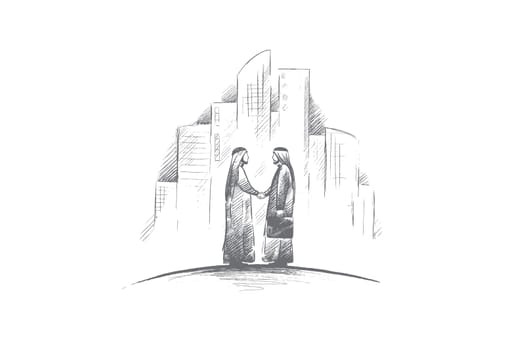 Muslims concept. Hand drawn arab persons shaking hands. Arab persons in national dress isolated vector illustration.