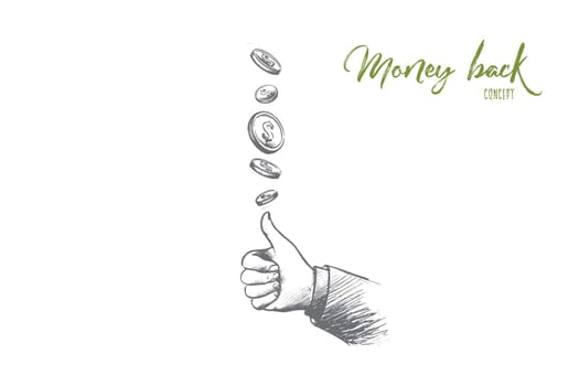 Money back concept. Hand drawn coins flying and gesture means perfect. Service for clients isolated vector illustration.