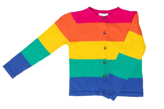 Boys clothes. A beautiful colorful striped little boy sweater or knitted cardigan isolated on a white background. Children and kids fashion. Autumn and winter fashion.