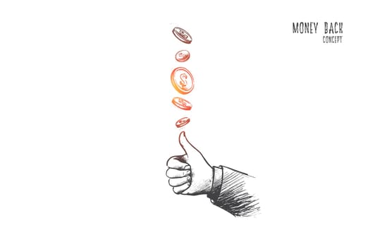 Money back concept. Hand drawn coins flying and gesture means perfect. Service for clients isolated vector illustration.