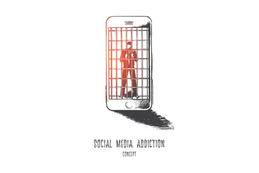 Social media addiction concept. Hand drawn person in jail of internet. Man slave of his smartphone isolated vector illustration.