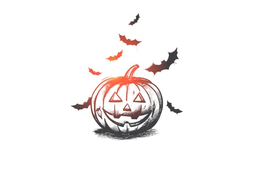 Pumpkin concept. Hand drawn decorated pumpkin as symbol of Halloween. Preparation for autumn holidays isolated vector illustration.
