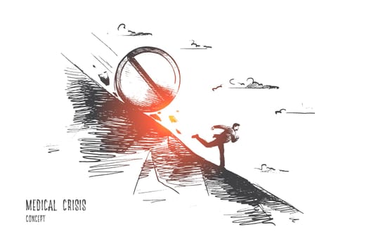 Medical crisis concept. Hand drawn tablets kill a person. Man running from medicine isolated vector illustration.
