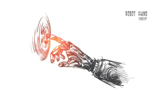 Robot hand concept. Hand drawn robot's hand is pushing the button. Artificial intelligence working isolated vector illustration.