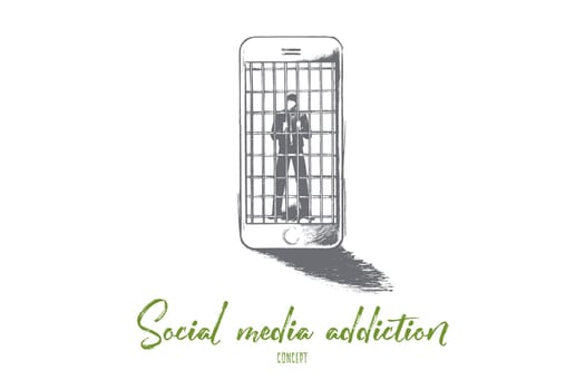 Social media addiction concept. Hand drawn person in jail of internet. Man slave of his smartphone isolated vector illustration.