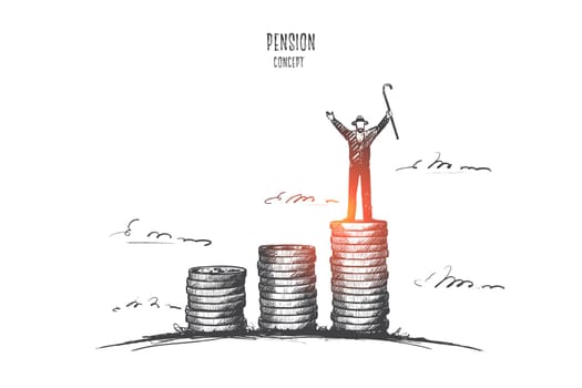 Pension concept. Hand drawn hand old man figure standing on top of coin stack. Pensioner stand on piles of money isolated vector illustration.