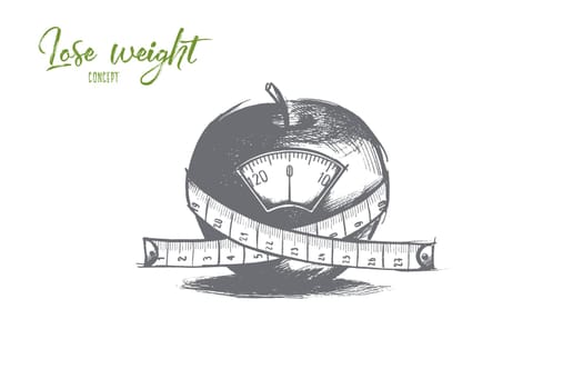 Lose weight concept. Hand drawn apple with scales and centimeter. Diet food and healthy concept isolated vector illustration.