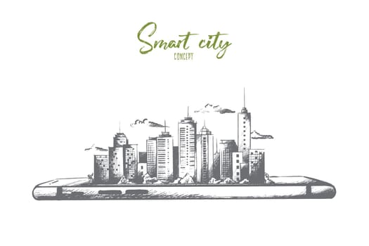 Smart city concept. Hand drawn smartphone with modern city scape. Little model of city with skyscrapers isolated vector illustration.
