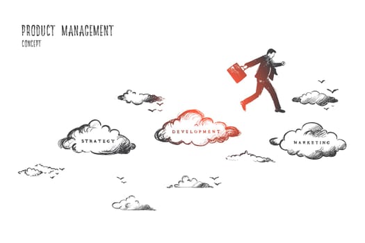 Product management concept. Hand drawn movement from strategy to development and marketing at finish. Process of work in company isolated vector illustration.