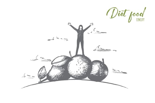 Diet food concept. Hand drawn woman standing on pile of fruits and vegetables. Diet nutrition products isolated vector illustration.