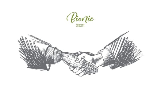 Bionic concept. Hand drawn businessman in a suit and a robot shaking hands. Partnership between robot and human isolated vector illustration.