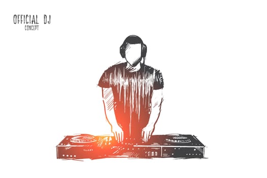 Official DJ concept. Hand drawn charismatic disc jockey at the turntable. Musician at nightclub during party isolated vector illustration.