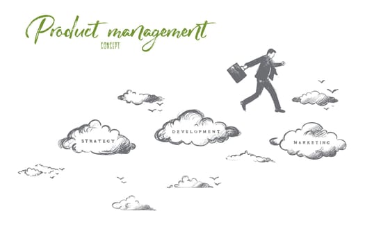 Product management concept. Hand drawn movement from strategy to development and marketing at finish. Process of work in company isolated vector illustration.