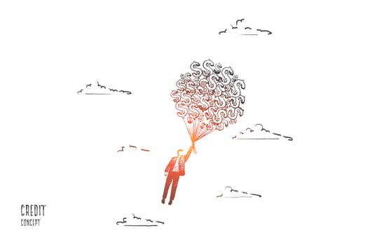 Credit concept. Hand drawn person fly with a lot of money. Opportunities through credit isolated vector illustration.