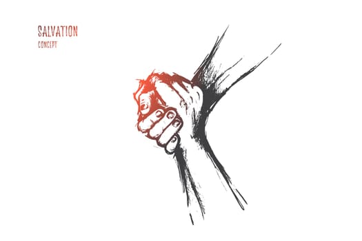 Salvation concept. Hand drawn helping hand outstretched for salvation Two hands united in a handshake isolated vector illustration.