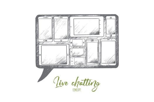 Live chatting concept. Hand drawn a lot of gadgets with screens. Internet communication isolated vector illustration.