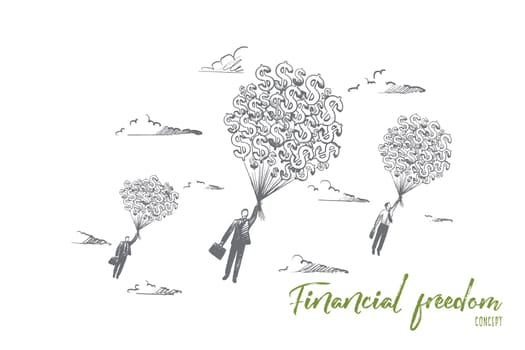 Financial freedom concept. Hand drawn businessmen flying with a lot of dollars. Money gives fill of freedom isolated vector illustration.