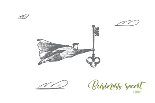 Business secret concept. Hand drawn superhero with giant key as symbol of secret of success. Flying man holds key isolated vector illustration.