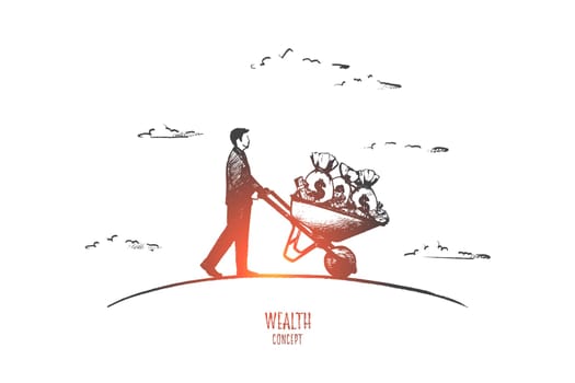 Wealth concept. Hand drawn person with a lot of money in wheelbarrow. Happy successful man isolated vector illustration.