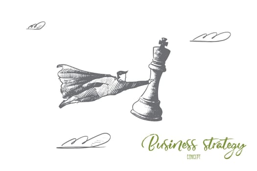 Business strategy concept. Hand drawn superhero with chess figure in hand. Flying man holds chess figure king as symbol of win isolated vector illustration.