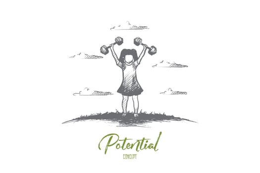 Potential concept. Hand drawn girl with barbells as symbol of high potential. Motivation to achievement isolated vector illustration.
