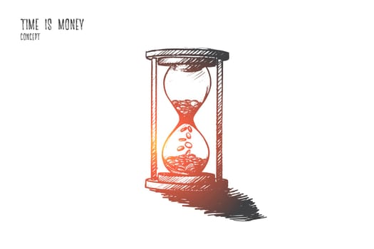 Time is money concept. Hand drawn hourglass as symbol of time and finance. Coins inside of clock isolated vector illustration.